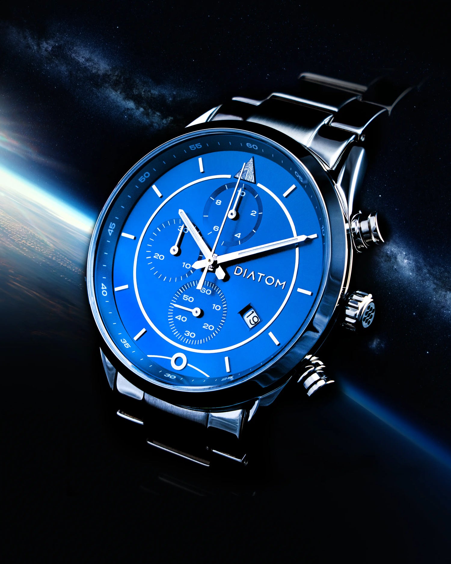 The Blue Dot Meteorite watch with space in the background