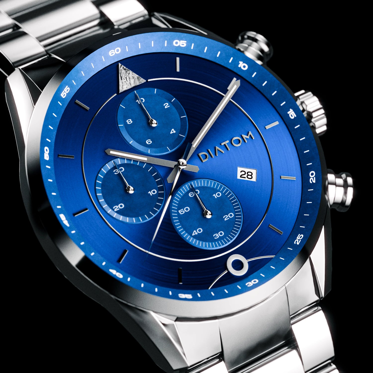 Blue Dot Limited Edition watch with meteorite accents, sleek silver bracelet, and blue dial design.
