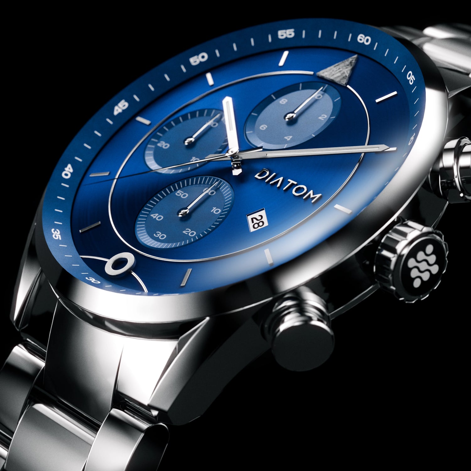 Blue Dot Limited Edition watch with meteorite accents, sleek silver bracelet, and blue dial design.
