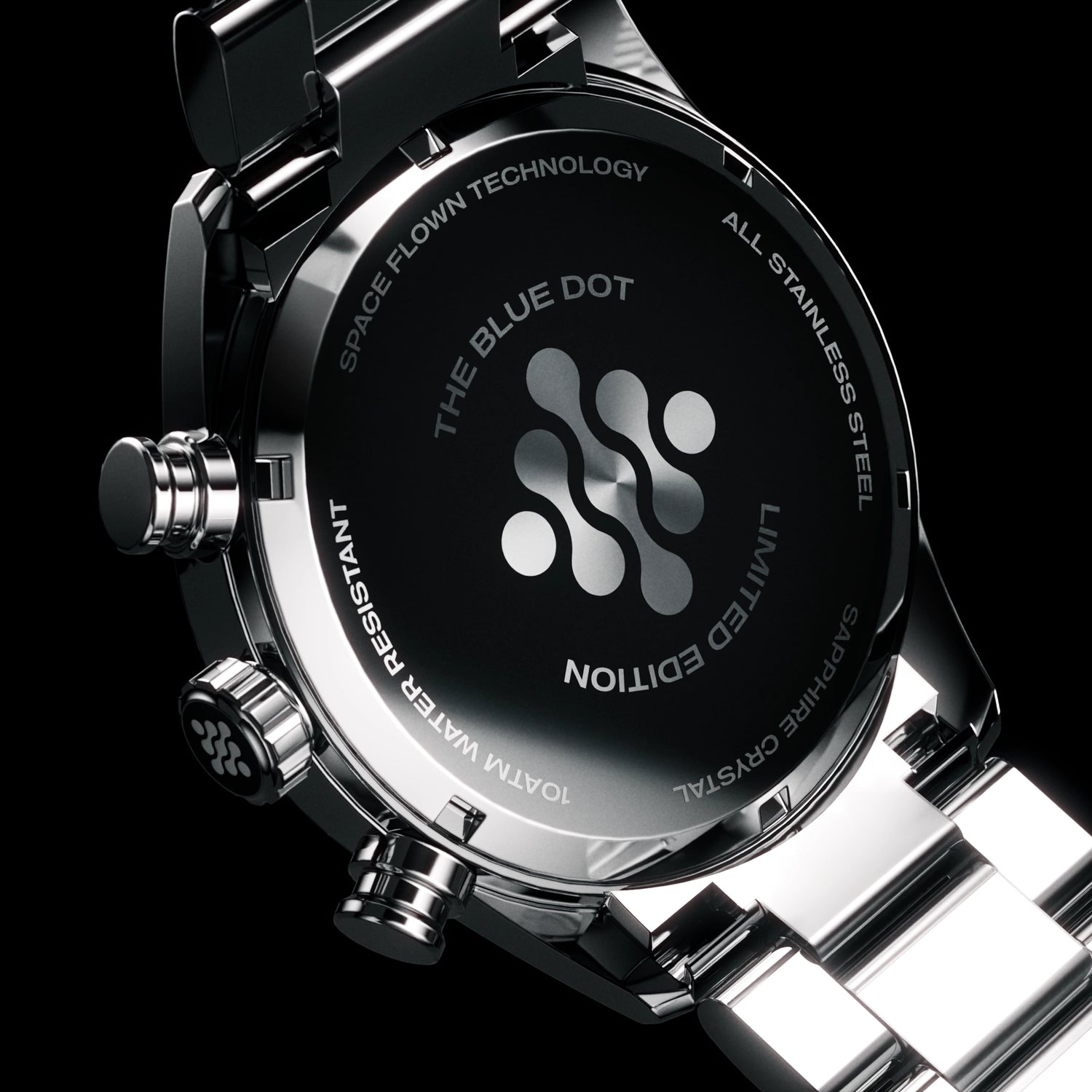 Blue Dot Limited Edition watch with meteorite accents, sleek silver bracelet, and blue dial design.