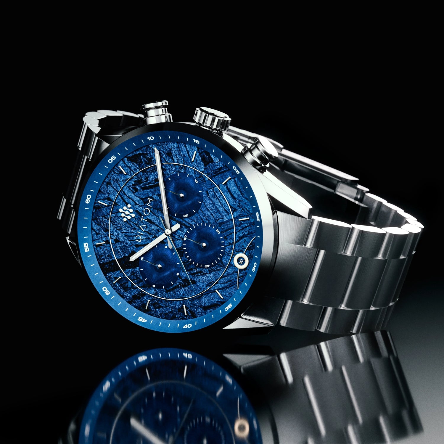 Blue Dot MkII Meteorite Dial watch with blue detailing on the face and silver stainless steel strap.