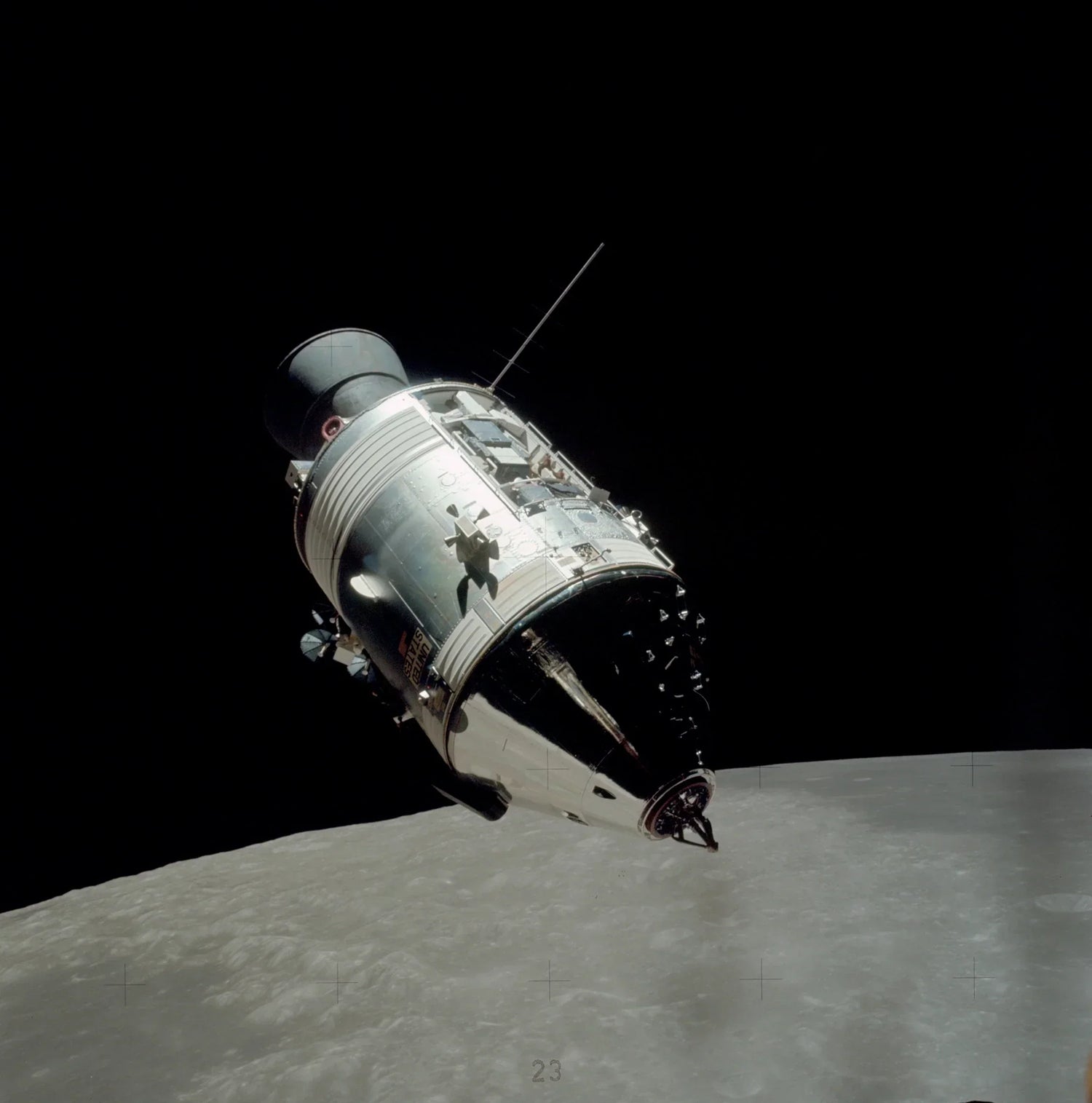 Apollo 11 with moon in background